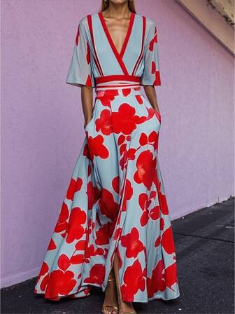 1 件女士花卉印花休闲优雅派对连衣裙，编织面料配腰带，长款连衣裙适合度假、办公室、居家、花园、旅行、夏季