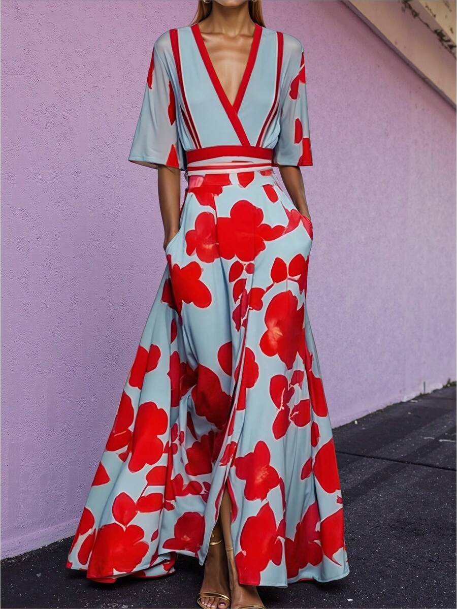 1 件女士花卉印花休闲优雅派对连衣裙，编织面料配腰带，长款连衣裙适合度假、办公室、居家、花园、旅行、夏季