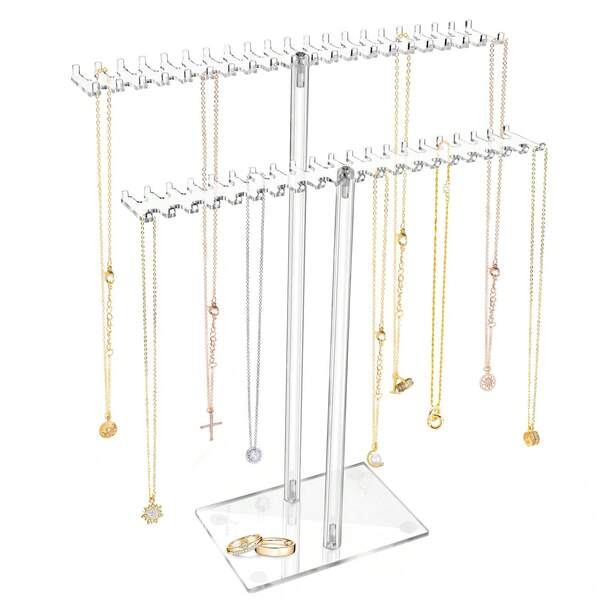 Acryl Halsketten Organizer, klarer Halsketten Ständer, Schmuckorganizer Aufhänger Regal mit beidseitigen Haken für Halsketten, Anhänger, Armbänder, Ring (Hoch 14,3 Zoll + Hoch 12,8 Zoll)