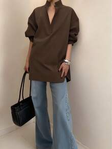 Women's Fashion Casual Versatile Long Sleeve Shirt, Asymmetrical Hem Solid Notched Neck Sexy Minimalist Office Shirt Fashionable Women's Notch Collar Brown Polyester Sheer Long Sleeve Shirt - Coffee Brown - View 1