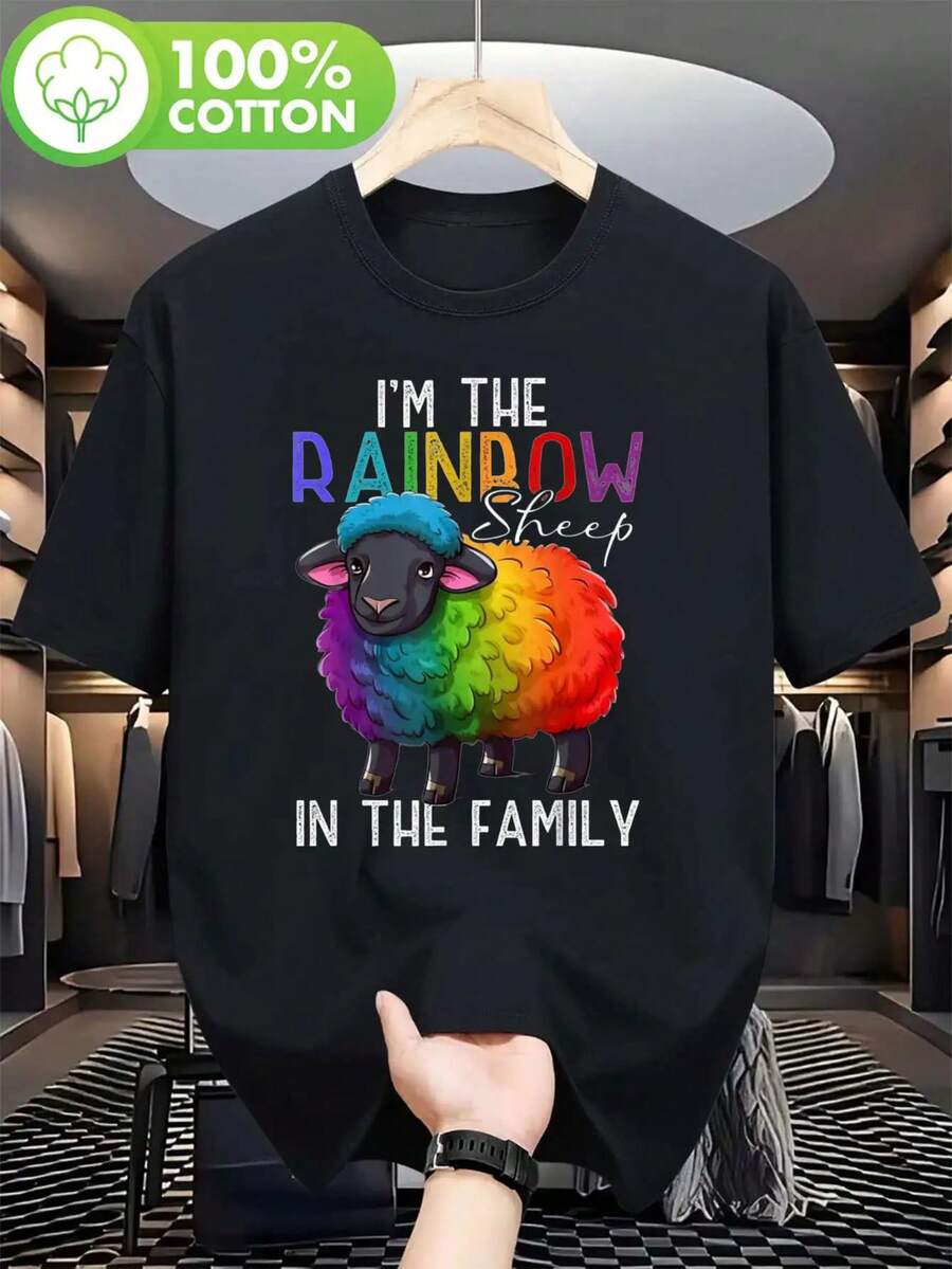 Men's Rainbow Sheep Family Pride Graphic T-Shirt - 100% Cotton Crew Neck Casual Summer Tee With "I'm The Rainbow Sheep In The Family" Print Outdoor Activities & Casual Attire, Vibrant Design Shirt, Soft Cotton Shirt, Leisure Clothing, Comfortable Material, Couples Wear - Black - View 1