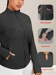 Plus Size Women's Sports Jacket, Solid Color Slim Fit Sports Jacket With Thumb Hole Cuffs, Side Pockets, Breathable Stretchy Long Sleeve Yoga Running Fitness Jacket
