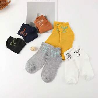 5 Pairs Letter Smiling Facece Patterned Mid-Calf Socks, Black & White