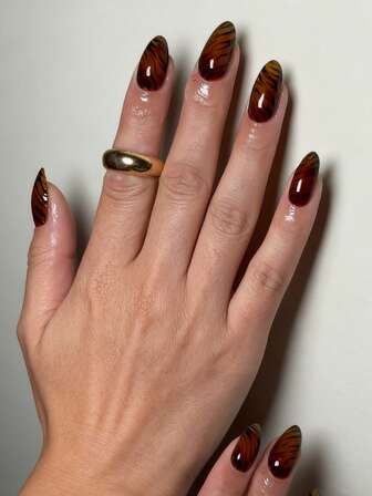 用 24 件杏仁色优雅黑色条纹指甲表达您的爱意，棕色渐变时尚琥珀色假指甲全覆盖假指甲套装，适合女性和女孩，1 件果冻凝胶 + 1 条果冻凝胶，随机发货