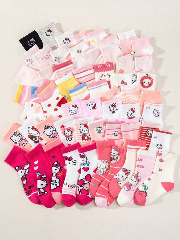Random 1/5/10 Pairs Of Children's Cartoon Socks For Girls Hello Kitty, Breathable And Non Stuffy Short Tube Socks For Spring And Summer, Student Socks