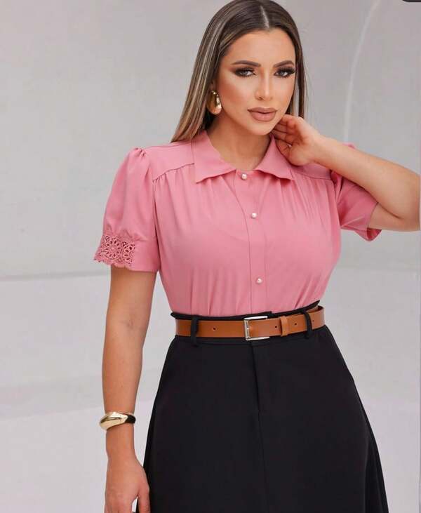 Camisa Feminina Manga Bufante Com Botões Moda Evangélica Renda Na Manga