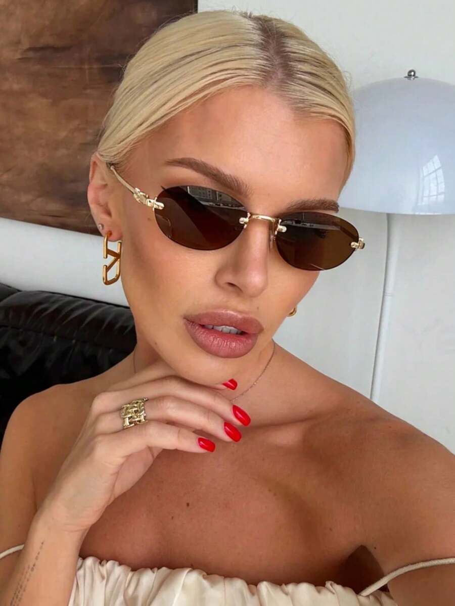 1pc Women's Small Oval Frameless Metal Leg Edgy Small Frame Fashion Glasses, Suitable For Daily Wear For Summer Beach Vacation,Outdoor,Travel,Back To School Accessories - Màu nâu - Xem 1