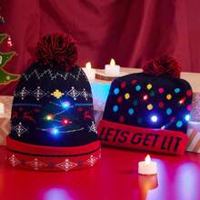 Paquete de 2 gorros de punto con luz LED para Navidad, gorro de punto (batería incluida con 3 modos intermitentes) - 1 - Ver 2