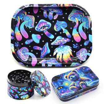 一套蘑菇主题礼品套装，包含一个 18 英寸 x 14 英寸蘑菇托盘、一个 50 毫米蘑菇研磨器、一个熊形烟草盒，家居装饰，节日礼物