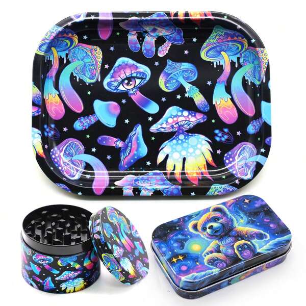 1 set cadeau thème champignon, comprend un plateau à champignons 18"X14", un broyeur à champignons 50mm, 1 boîte à tabac ours, décoration d'intérieur, cadeau de fête
