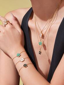 1pc 18K Gold Plated Stainless Steel 5-Leaf Flower Cubic Zirconia Necklace & Bracelet Jewelry Set, Suitable For Daily Wear And Gifting, Valentine's Day, Birthday, Mother's Day