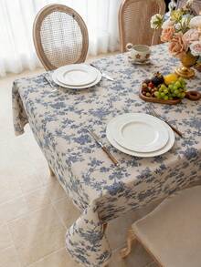 1 pieza Mantel con estampado floral de rosa azul vintage elegante, cubierta de mesa rectangular lavable para mesa de comedor, mesa de café, mesita de noche, mesa redonda, decoración del hogar, adecuado para comidas familiares, cocina, cena, fiesta, boda, camping, picnic, todas las estaciones, primavera/verano - azul y blanco - Ver 10