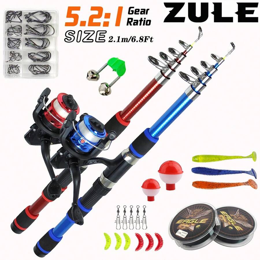 ZULE 2.1m Fishing Rod Set, Includes Foldable Fishing Pole, Spinning Reel, Freshwater Fishing Rod And Reel Combo, Best Gift Set For Christmas, Halloween, Thanksgiving - Multicolor - View 1