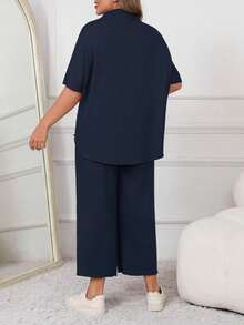 Womens Plus Size Lounge Set 2 Piece Batwing Sleeve Capelet Pullover Top With Wide Leg Pants - 藏蓝色 - 查看 2