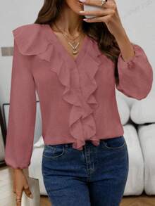 Solstice Apparel Layered Ruffle V-Neck Long Sleeve Blouse, Textured Fabric Loose Slim Fit Top, Elegant Style, Perfect For Daily Commute, Dates & Girls' Brunch, Spring Summer Versatile Shirt - Dusty Pink - View 1