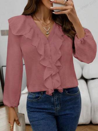 大码女式时尚荷叶边V领宽松长袖衬衫