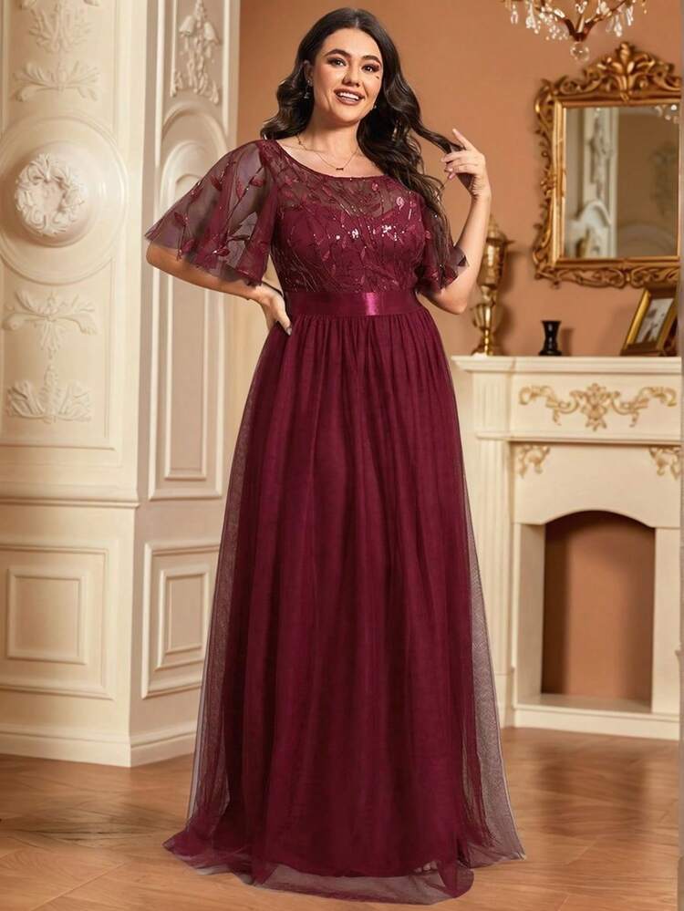 EVERPRETTY Plus Size Elegant Sequin Bodycon Bustier Mesh Burgundy Bridesmaid Dress, Suitable For Party, Spring/Summer Wedding Guest, New Year And Other Formal Occasions, Mother Of The Bride Dress