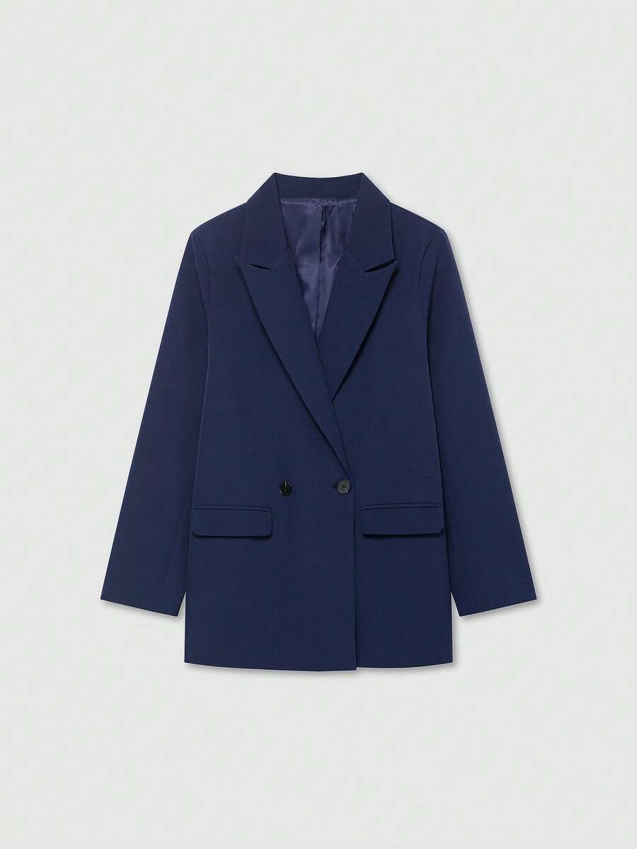 Old Money Women's Double-Breasted Lapel Casual Blazer Jacket, Solid Color, Long Sleeve, Loose Fit Coat, Suitable For Spring/Autumn/Winter - Navy Blue - View 1