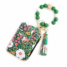 Fashion Card Holder, Cash Wallet With Bohemian Beaded Bracelet Tassel Keychain, Women's Contrast Flowers Prints Credit Card Holder With Portable Wrist String, Bags, Wallets & Card Holders, Coin Purses - 綠色 - 查看 1
