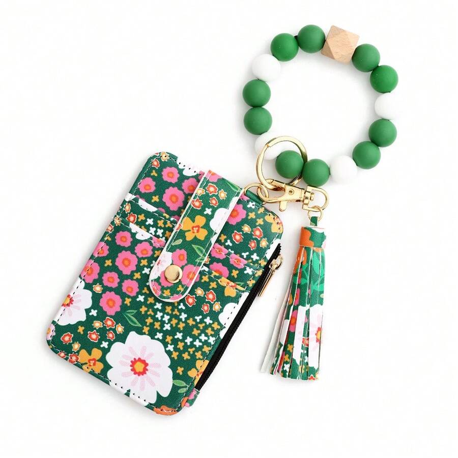 Fashion Card Holder, Cash Wallet With Bohemian Beaded Bracelet Tassel Keychain, Women's Contrast Flowers Prints Credit Card Holder With Portable Wrist String, Bags, Wallets & Card Holders, Coin Purses - 綠色 - 查看 1