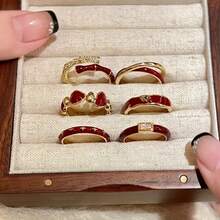 6pcs Red Glazed Open Ring, Luxury Niche High-End Vintage Finger Rings, Suitable For Stacking