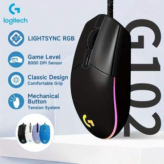 Logitech Ratón simétrico con cable G102 con agarre antideslizante y curva cómoda para manos pequeñas y medianas. Compatible con Windows y macOS con conexión plug-and-play. Peso ligero de 79 gramos. Sensor de respuesta de alta velocidad. Adecuado para uso diario en la oficina y entretenimiento
