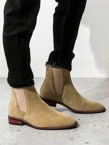 Men's Pointed Toe Chelsea Boots, Suede Motorcycle Boots, Fashion Versatile Black Boots With Wooden Sole, Western Style - Brown - View 3