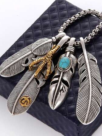 1 件复古合金羽毛吊坠项链，适合男士，用途广泛