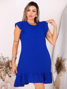 Plus Size Midi Dress, Fits Large And Small Sizes, With Ruffled Princess Sleeves, Puff Sleeves, And A Loose Fit, Dune Color. - Blue Bic - View 1