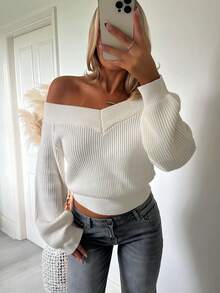Women's Off-Shoulder Ribbed Knit Pullover Sweater, V-Neck Basic Short Top