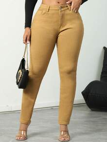 Women's Mid Waisted Skinny Jeans, Fleece Lined Stretch Denim Pants With Pockets, Thickened Warm Slim Fit Jeans For Women Elegant Style - 卡其色 - 查看 5