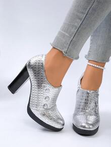 Women's Vintage Brogue High Heel Oxfords, Thick Sole Fashion High Heels, Black