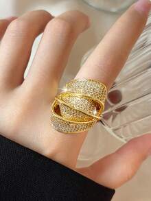 1 chiếc nhẫn lớn hình học nhiều lớp bất đối xứng, kiểu dáng unisex, thích hợp cho các lễ hội, tiệc tùng, nhẫn đôi phong cách Trung Đông, có thể làm quà Giáng sinh cho bạn gái/người thân, trang sức đồng đính đá Cubic Zirconia. - Vàng - Xem 8