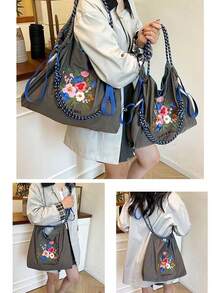 1个新款休闲刺绣花卉图案轻便尼龙大容量购物手提包，配有可调节肩带，适合通勤、购物、聚会等场合。 - 彩色 - 查看 3