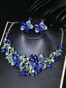 1 set di gioielli di lusso con pendente floreale e orecchini decorati con cristalli, accessori per matrimonio e festa per le donne - fiori - Visualizzare 16