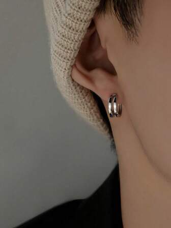 1 对简约双层弧形环状耳环，适合男士日常、节日、派对佩戴