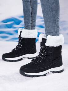 Botas de nieve para mujer, con patrón texturizado cálido, deportes al aire libre con cordones, zapatos antideslizantes y mullidos para uso interior y exterior, invierno