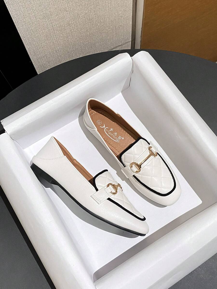 Mengshangli 女士平底鞋，优雅休闲纯色，金属镶嵌撞色饰边方头平底鞋，适合办公室、四季穿着，乐福鞋 - 白色 - 查看 1