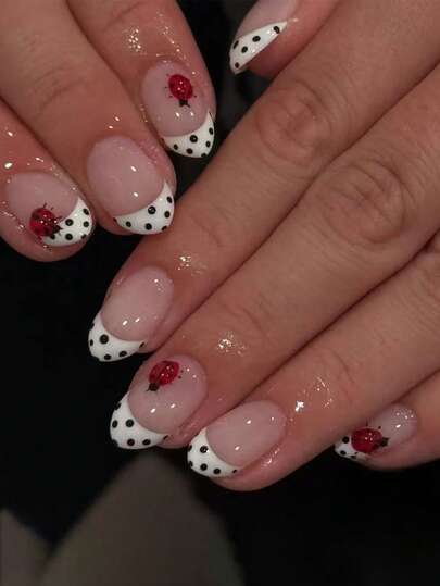 24 Peças Unhas Postiças Ovais Curtas com Ponta Francesa Bolinhas e Design de Joaninha, Unhas Falsas Brilhantes de Cobertura Total para Uso Diário, Encontros, Festas para Mulheres e Meninas no Outono e Inverno