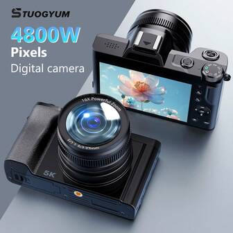 STUOGYUM 5K 48MP 30FPS 相机，适用于旅行/居家Vlog拍摄，16倍数码变焦，自动对焦，防抖，3.5英寸IPS显示屏，网络摄像头，多语言，1050mAh电池，32G存储卡，数据线，适合作为感恩节、圣诞节、新年礼物送给初学者和成人。