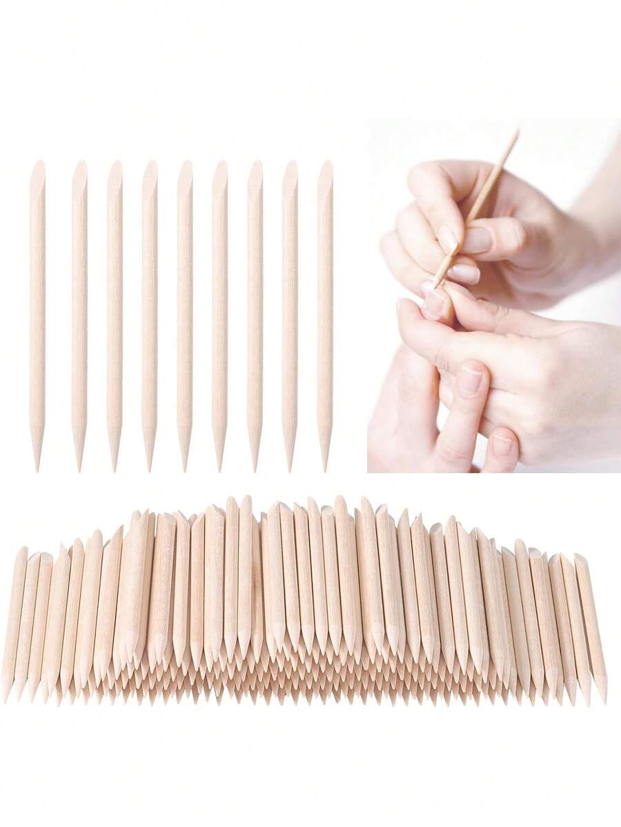 100 sztuk jednorazowych pomarańczowych drewnianych patyczków do odsuwania skórek i czyszczenia paznokci, odpowiednich do salonów kosmetycznych i rękodzieła.