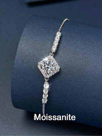 1pc Elegant 925 Sterling Silver 1 Carat 6.5mm Moissanite Bracelet, Suitable For Daily Wear, Commute, Party, Vacation, Birthday, Valentine's Day, Mother's Day, Wedding Anniversary, Christmas, Jewelry Gift For Women