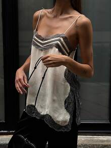 Women Y2k Lace Patchwork Satin Camisole Tops Chiffon Split Sleeveless Spaghetti Strap Tank Tops Flowy Silky Layering Tops Going Out Dress Shirt Camisoles Streetwear Aesthetic Clothes - 彩色 - 查看 3