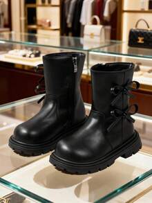 1 Pair Beige & Black Soft Comfortable PU Leather Knee-High Boots For Toddler/Little Girls, With Bow, Zipper, Round Toe, Warm Lining, Classic High Boots, Suitable For 3-15 Years Old Girls For Daily, Vacation, School Wear In Autumn/Winter - 黑色 - 查看 4