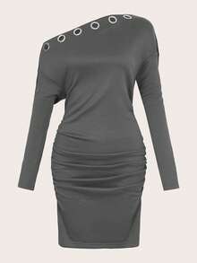 Women's Solid Color Asymmetrical Shoulder Mini Dress - Black - View 3