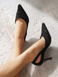 1 Pair Elegant Fabric Embroidered Mesh Splice Fashion High Heel Pumps, Pointed Toe Stilettos, Suitable For Wedding, All Seasons - Black - View 5