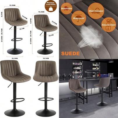 Bar Stools Set Of 2 Swivel Counter Height Barstools With Back Adjustable Suede Bar Chairs Modern Arml Kitchen Island Stool Brown