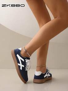 ZKBBO Giày thể thao nữ thường ngày, đế bằng, nhẹ, thoải mái khi tập thể dục, đi bộ, trượt ván - Màu xanh lam - Xem 4