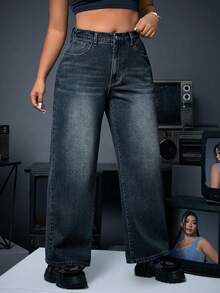 Elegant Wide Leg Jeans Daily Plus Size Summer Outfit For Women High Waist Straight Tube Retro Blue Casual Denim Long Pants