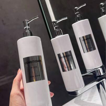 Set de 3 piezas - 500ml, forma de botella cilíndrica, color blanco de alta calidad, con pegatinas de clasificación plateadas impermeables, ideal para almacenamiento en el hogar, adecuado para productos sensibles a la luz como jabón de manos, detergente para la ropa, champú, gel de baño, aplicable para hoteles, baños, hogares y alquileres vacacionales